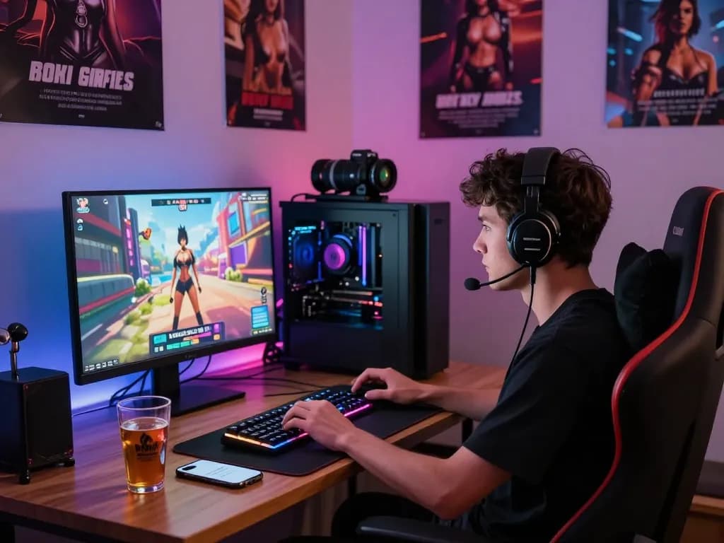 Engaged player using a sex simulator on a high-end gaming PC in a cozy bedroom.