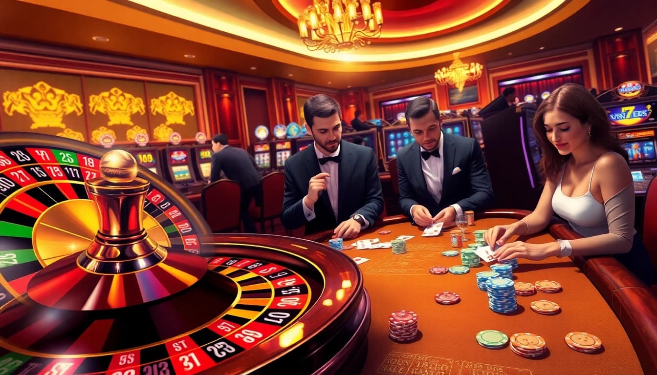 Players strategizing at the poker table while engaging with 789b themed casino elements.