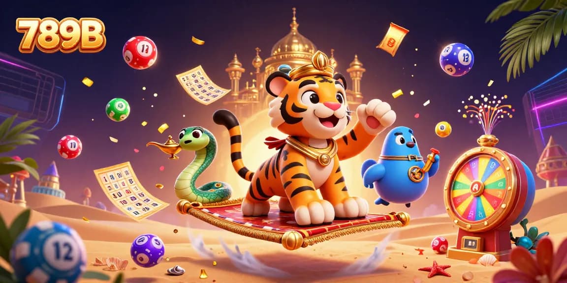 Experience thrilling gaming action at 789B, featuring colorful lottery elements in a dynamic casino-themed illustration.