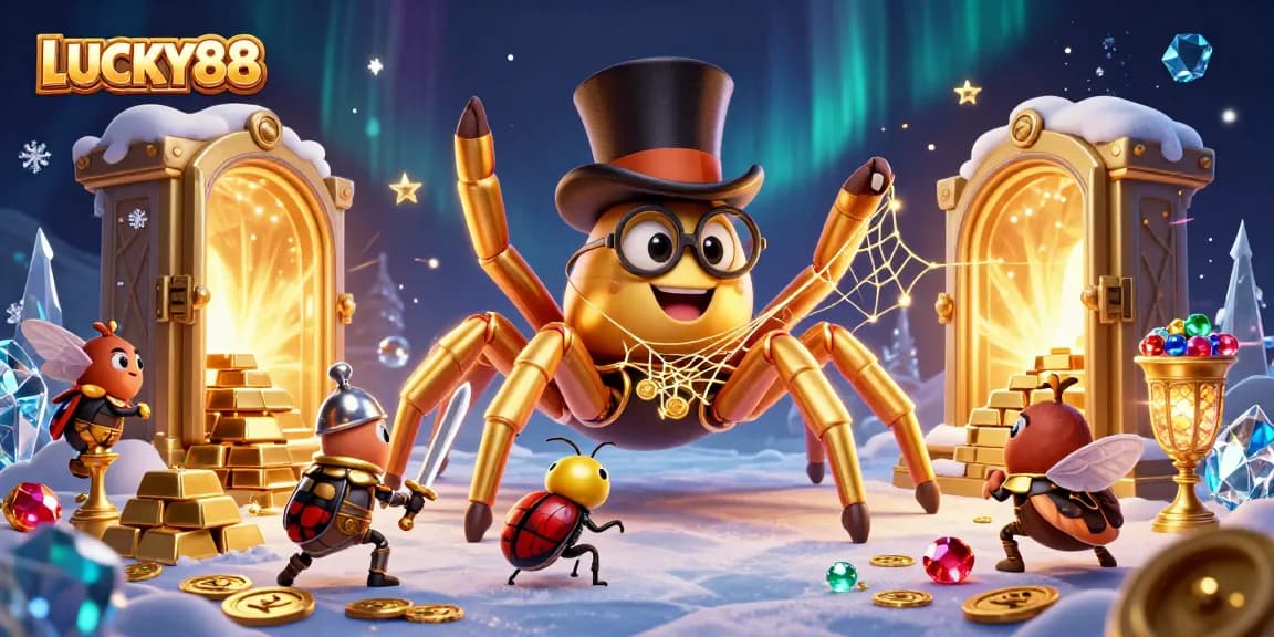 LUCKY88 showcases an engaging casino scene featuring a giant tarantula and beetle knight amidst treasure.