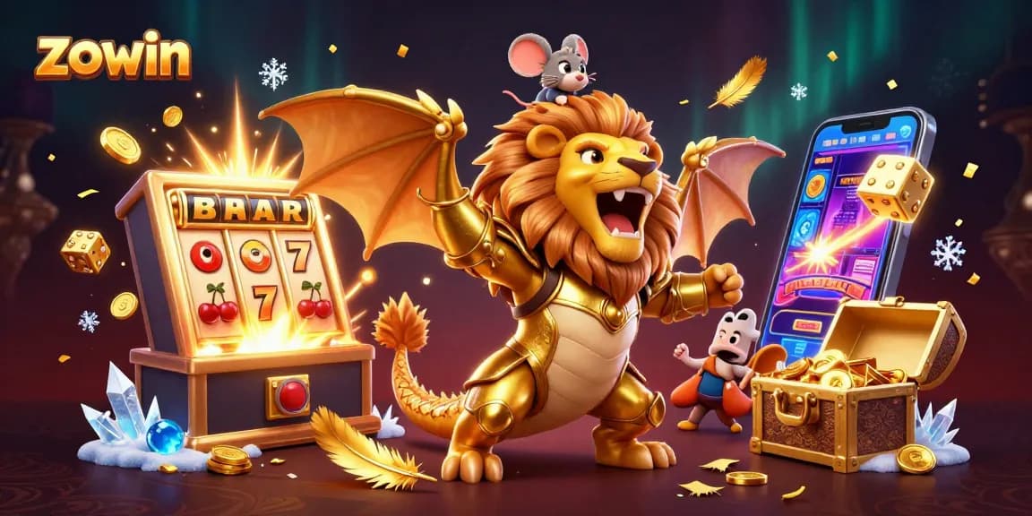 Play thrilling slots with Zowin in a festive online casino scene featuring golden jackpots.