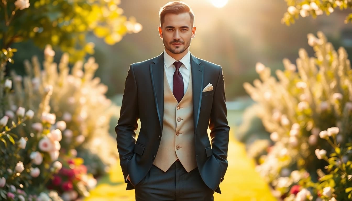 Groom showcasing elegant designer menswear amidst a beautiful garden backdrop.