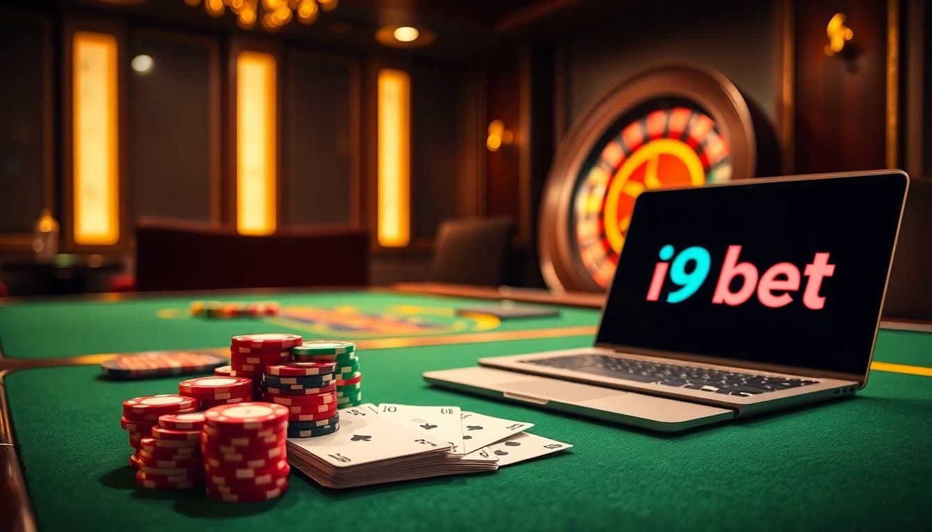 Exciting casino scene showcasing the i9 bet logo on a laptop amidst vibrant poker chips and cards.