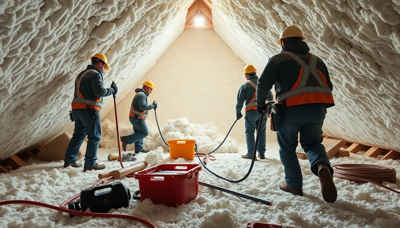 Efficient spray foam removal Portsmouth process in action, showcasing skilled workers and clean attic space.