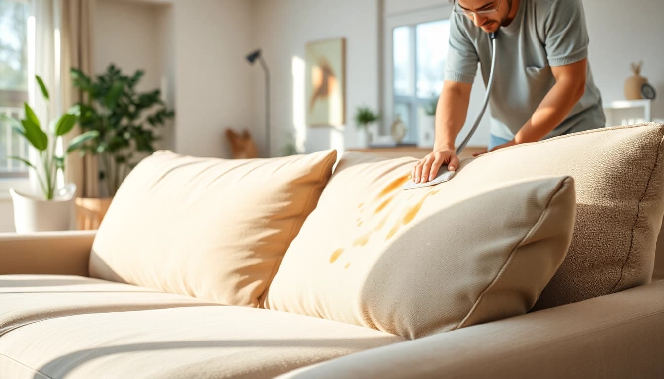 Couch cleaning in Glasgow with a professional technician treating stains in a cozy living room.