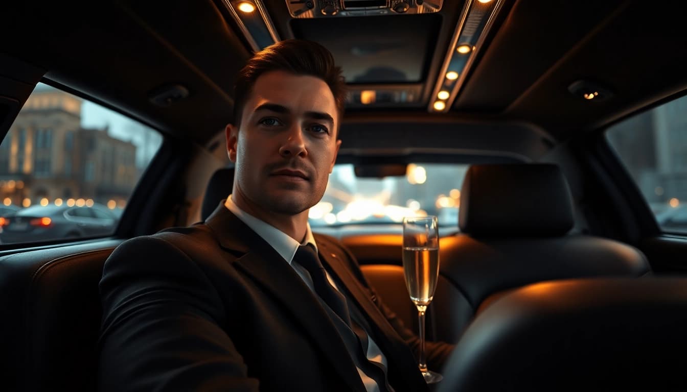 Chauffeur Hire inside a luxury limousine showcasing a professional chauffeur in a sophisticated setting.