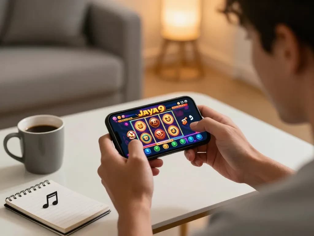 Engaged player using the Jaya9 app on a smartphone showcasing a vibrant slot game.