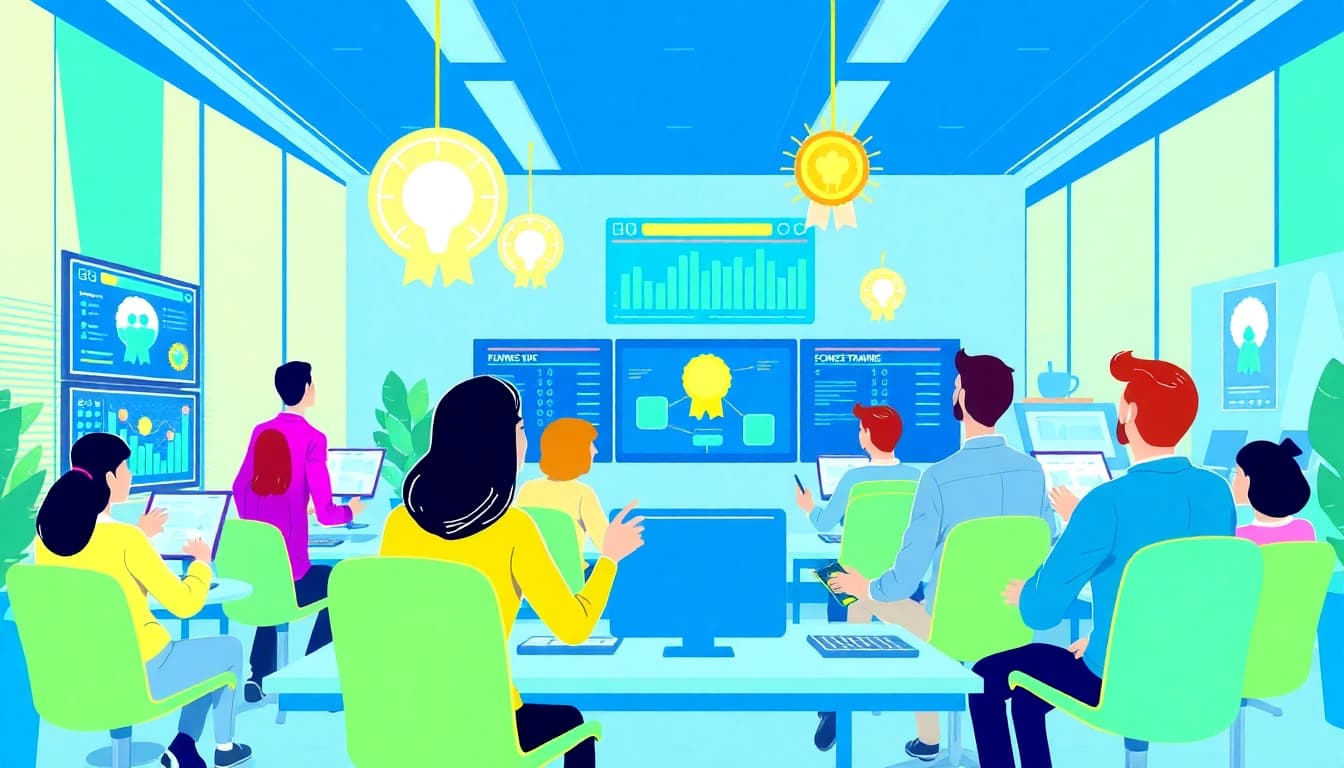 Employees engaging in business gamification activities with digital badges and leaderboards.