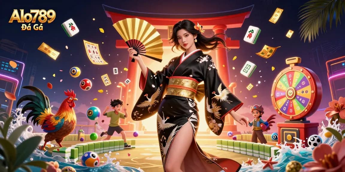 Alo789 Đá Gà showcases a captivating scene with dynamic lottery balls and a striking Asian woman in traditional attire.