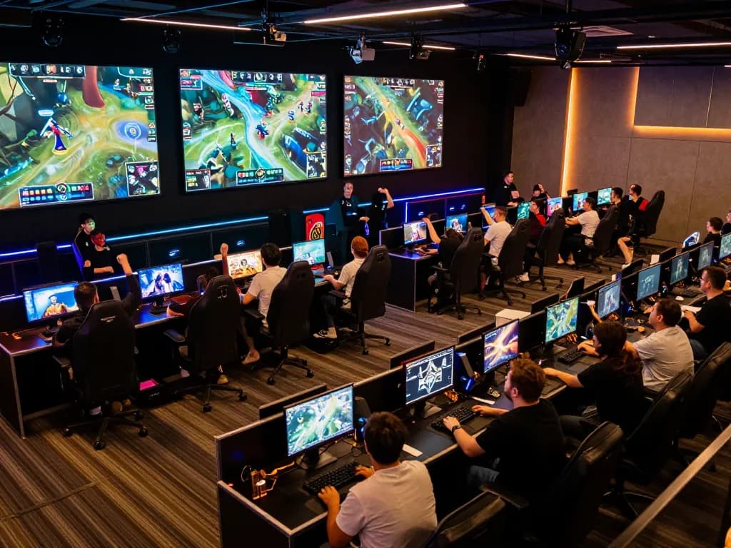 TR88 enthusiasts placing strategic bets at a vibrant esports betting arena filled with dynamic screens.