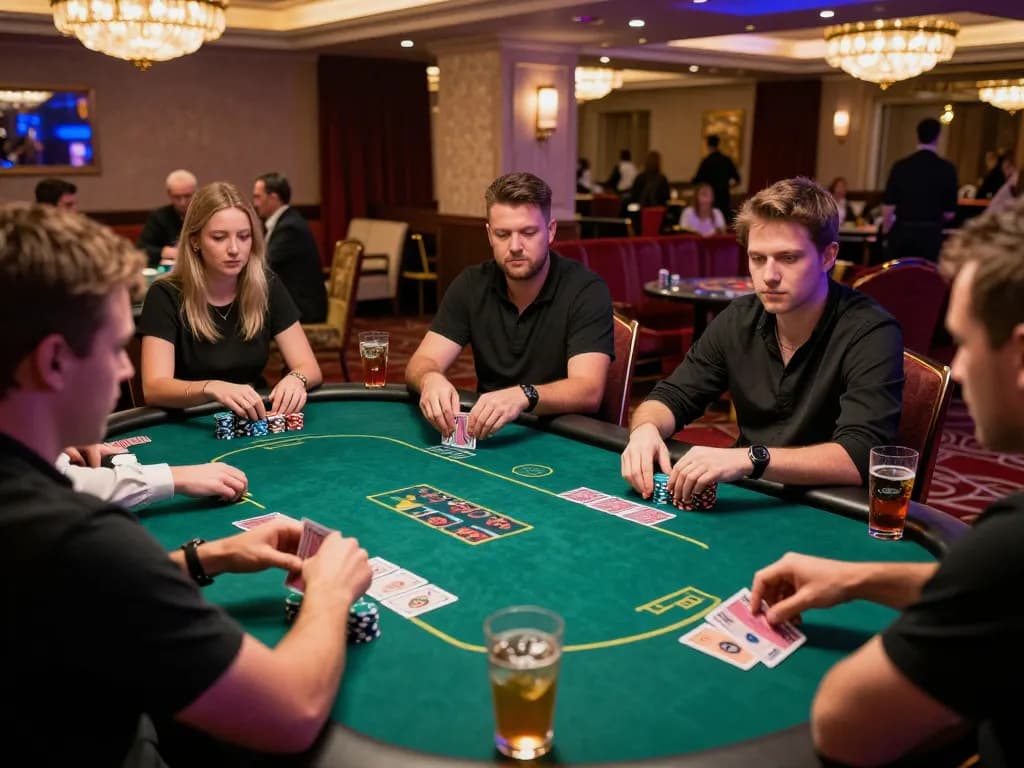 8XBET poker players strategically engaging in a high-stakes game with dynamic action around a green felt table.