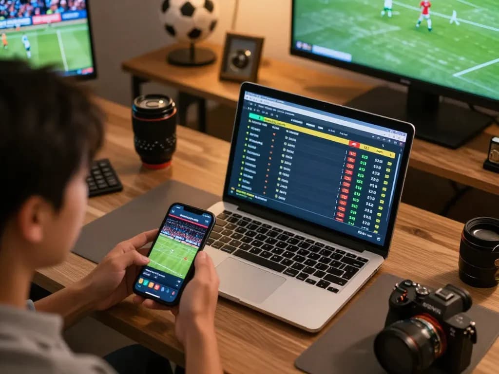 Engaging sports betting scenario with odds on laptop and 7m cn mobile app in action.