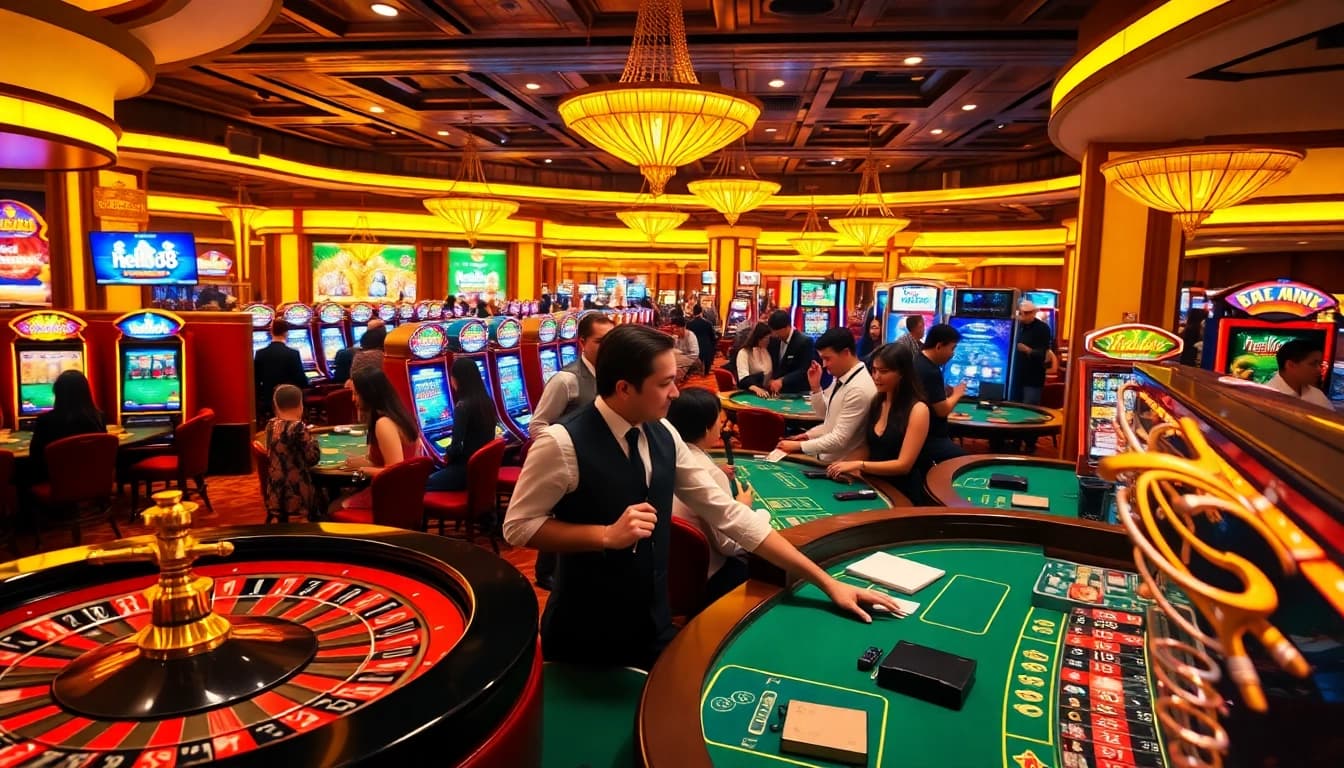Excited players enjoying high-stakes games at hello88's luxurious casino scene.