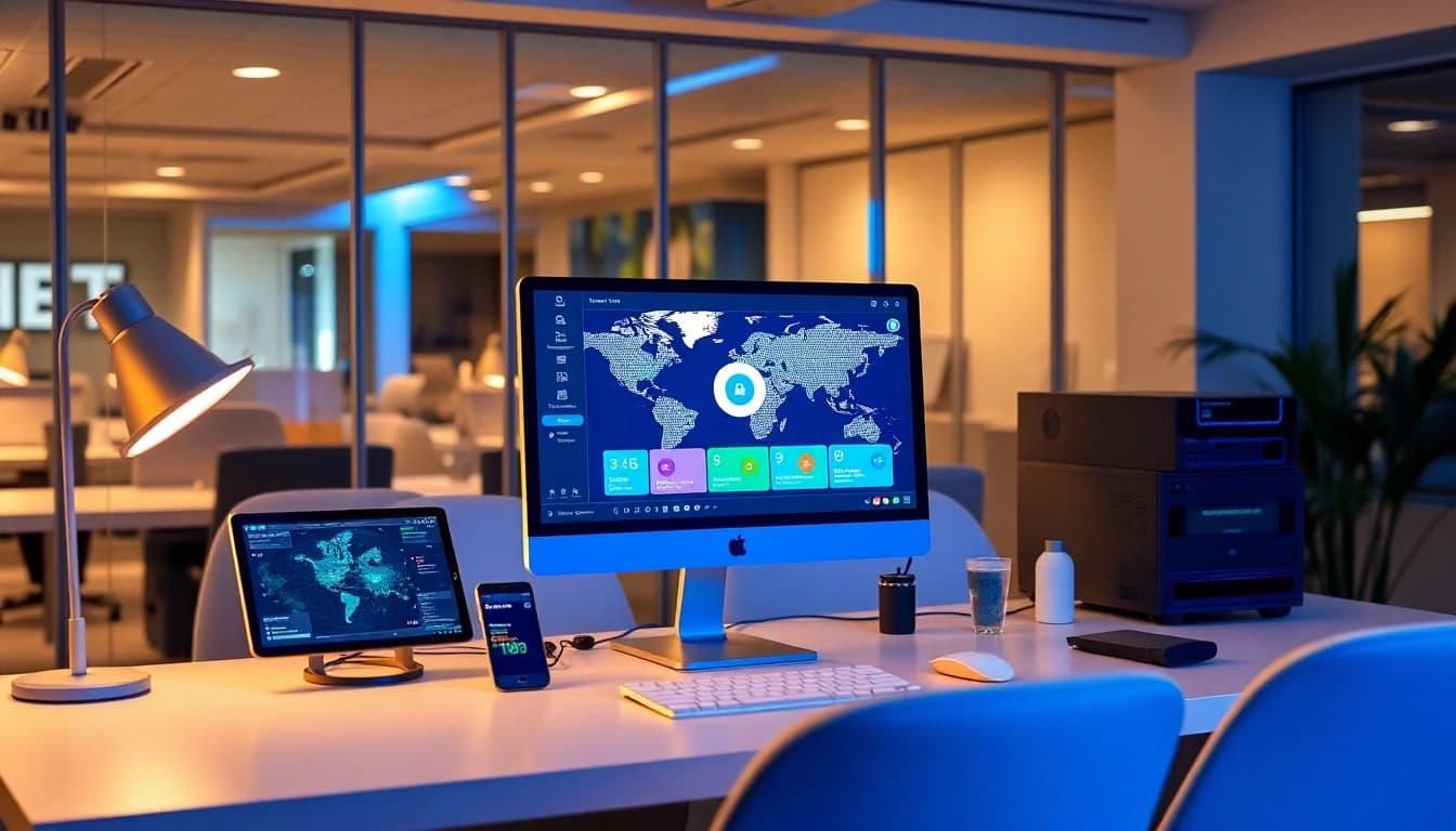 在现代办公电脑上显示的快连官网界面，象征速度与全球互联。