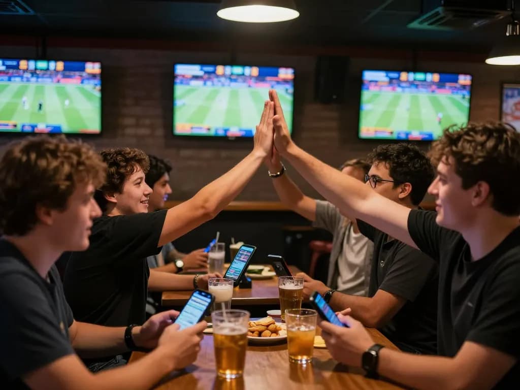 Fans placing bets on their phones at a sports bar, showcasing https://s8inc.com/ in an engaging atmosphere.