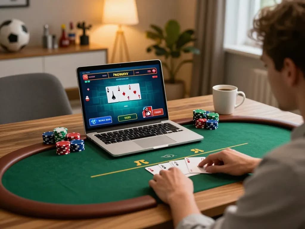 Online gaming session on https://dagatructiep.co.uk/ showcasing live poker gameplay on a laptop.
