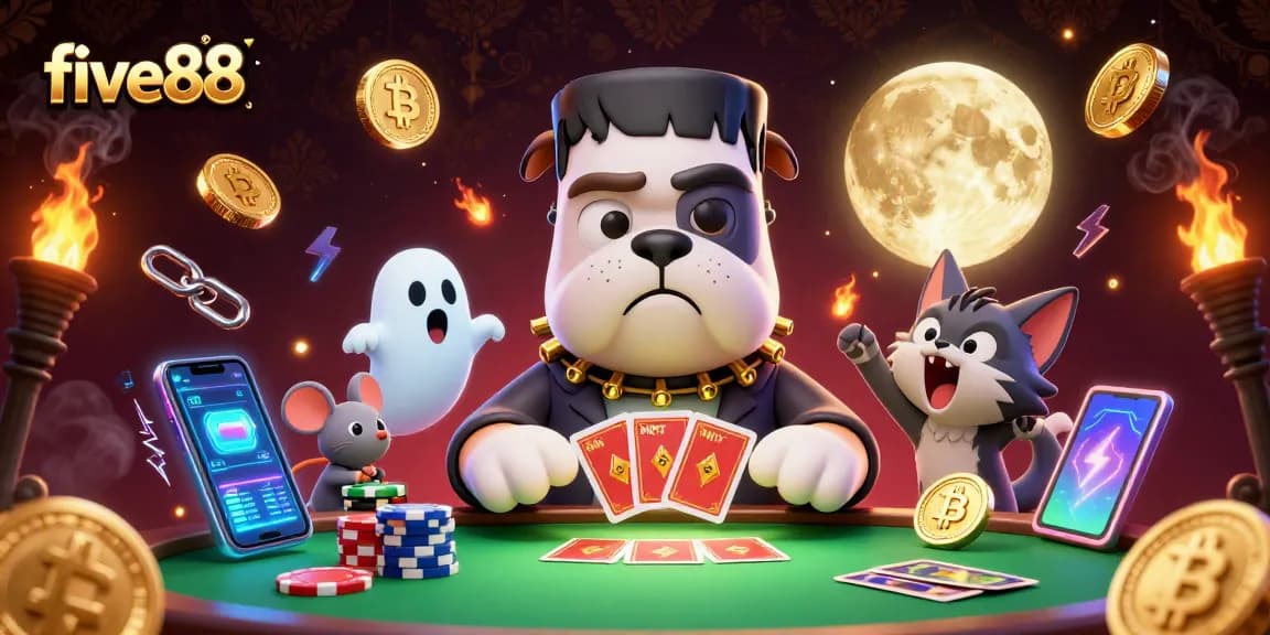 Engage with five88 at an exciting casino scene featuring cryptos and vibrant characters.