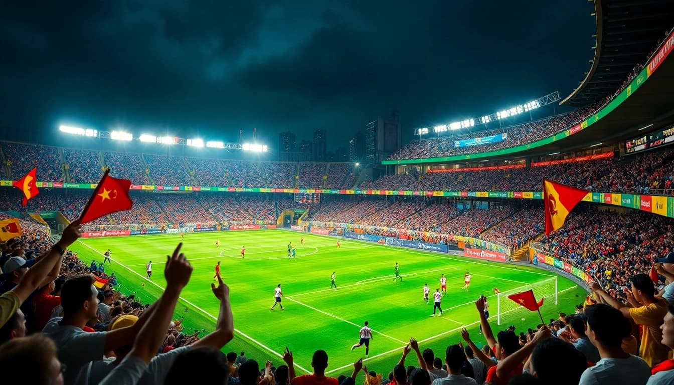 Lịch thi đấu featured in an electrifying soccer match scene with fans cheering.