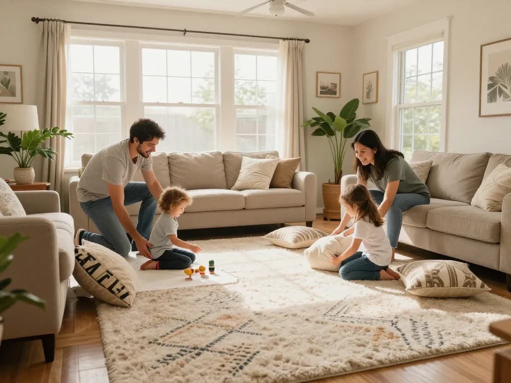 Residential carpet installation in a cozy family living room with children playing on plush carpet.