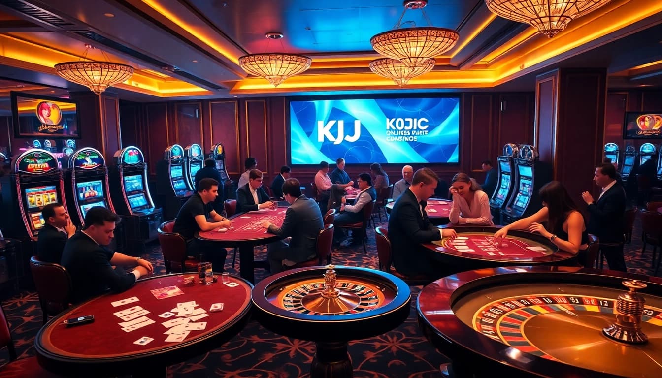 KJC brands lively casino gaming atmosphere with poker and roulette excitement.
