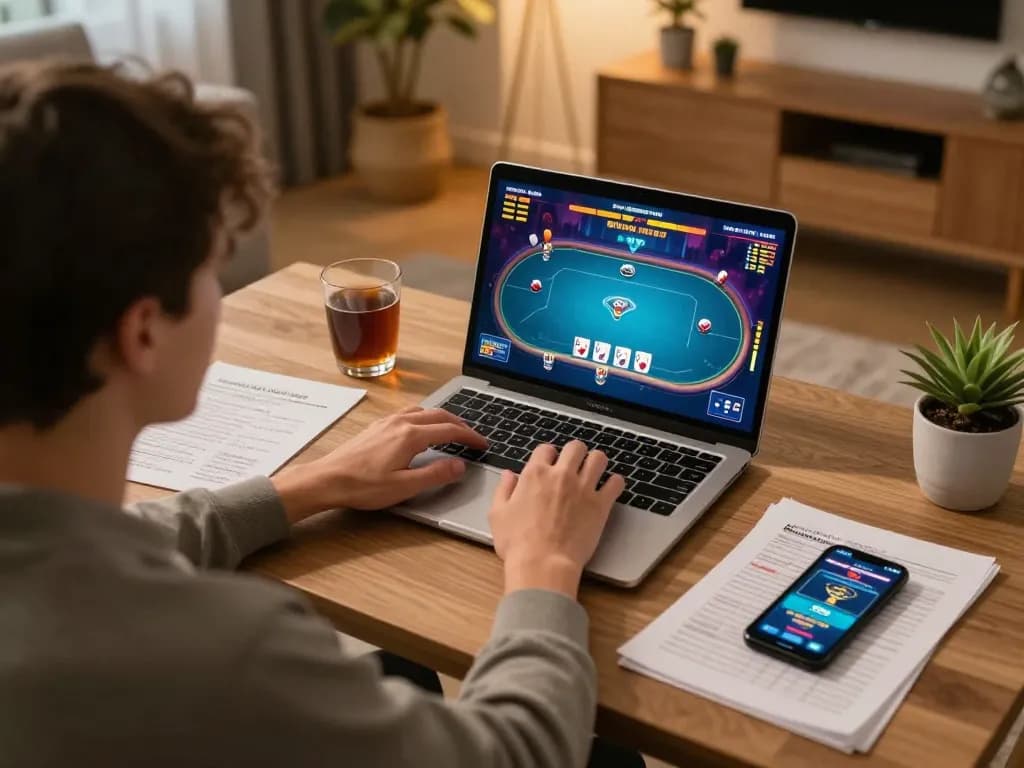 Player engaging in strategic online gaming on 888NEW poker platform with notes and cozy setup.