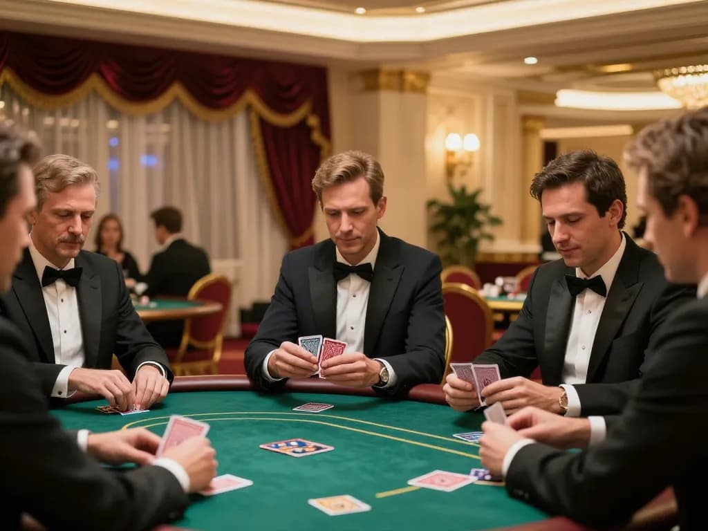 Players engaging in a strategic poker game at MM88's luxurious high-roller room, showcasing elegance and concentration.
