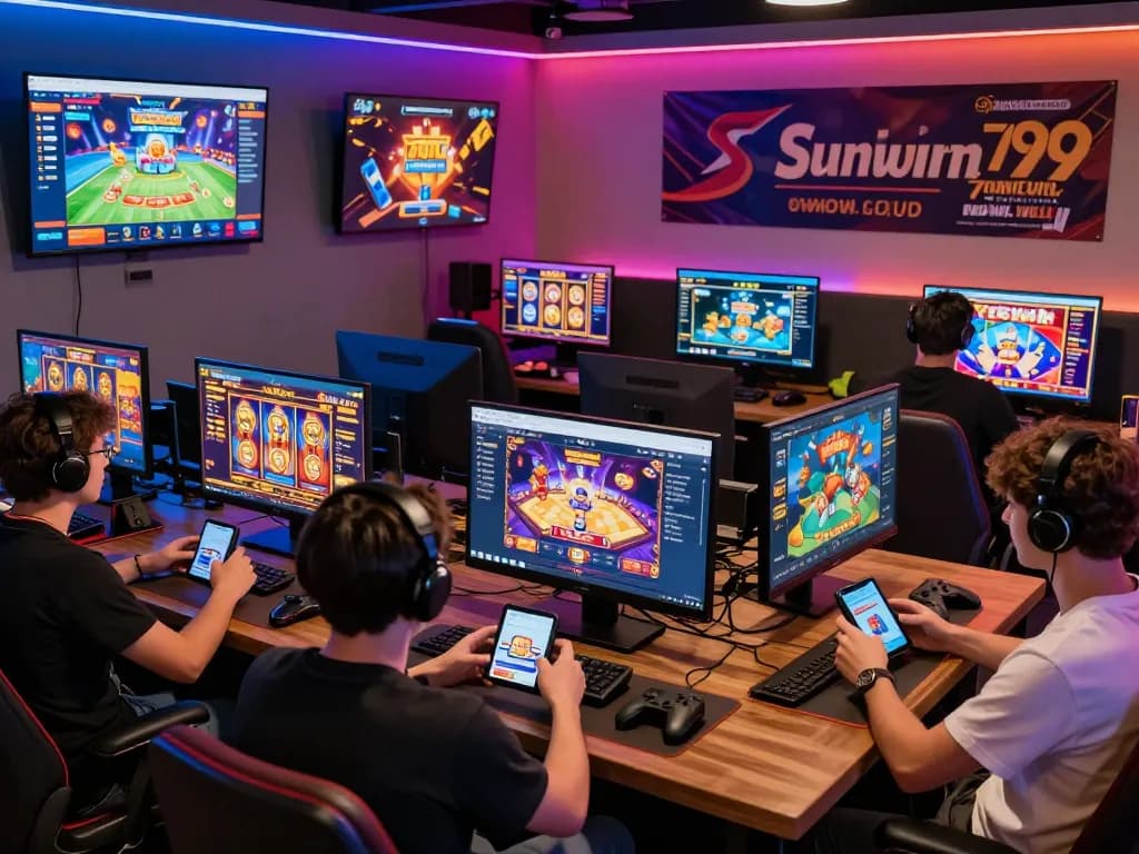 Engaging players enjoying diverse games on https://sunwin7979.com/ in a lively gaming lounge.