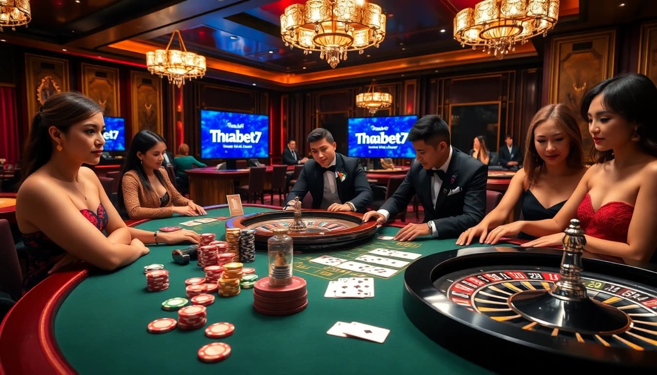 Experience the thrill of high-stakes gaming at thabet77 with poker chips, cards, and roulette.