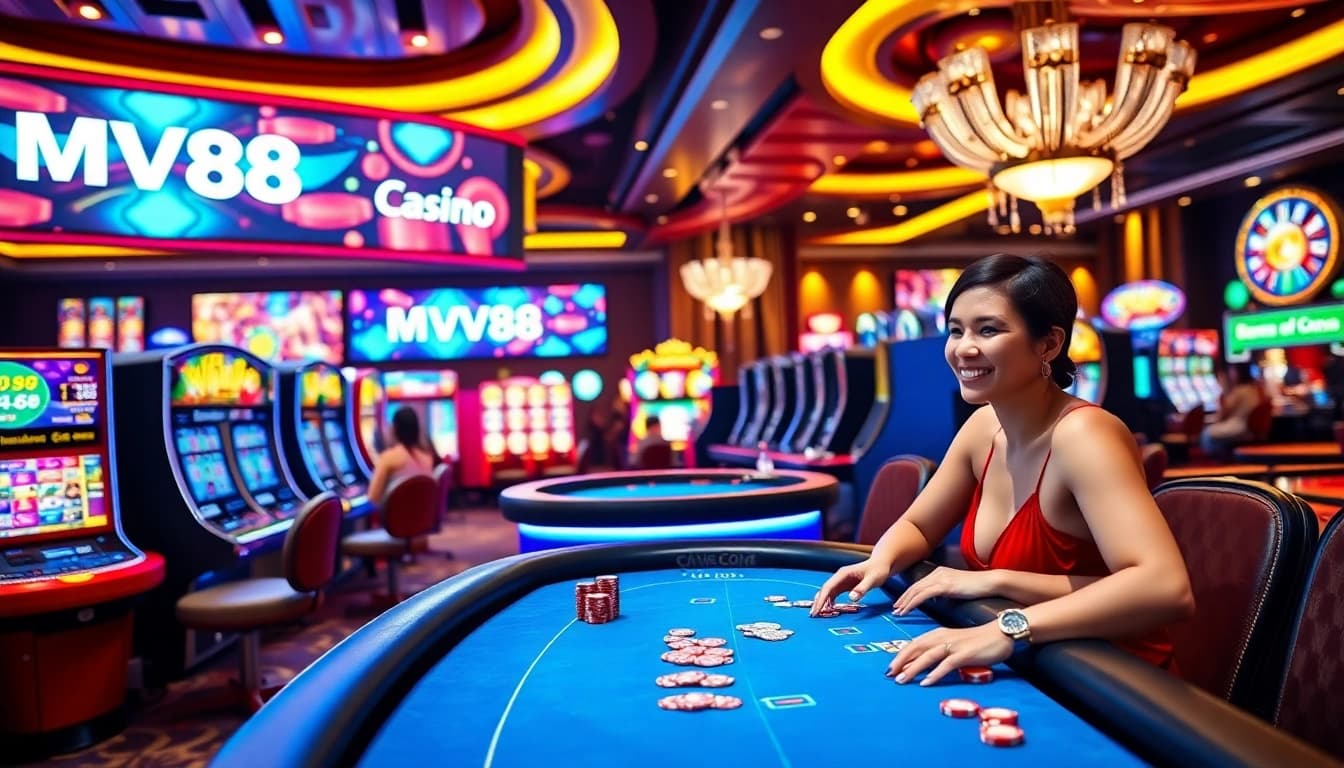 Players enjoying thrilling games at MV88 Casino with vibrant slot machines and roulette wheels.