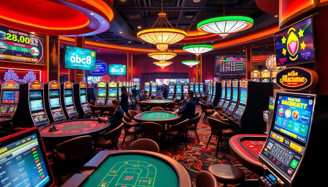 Exciting casino scene at abc8 with vibrant gaming tables and slot machines.