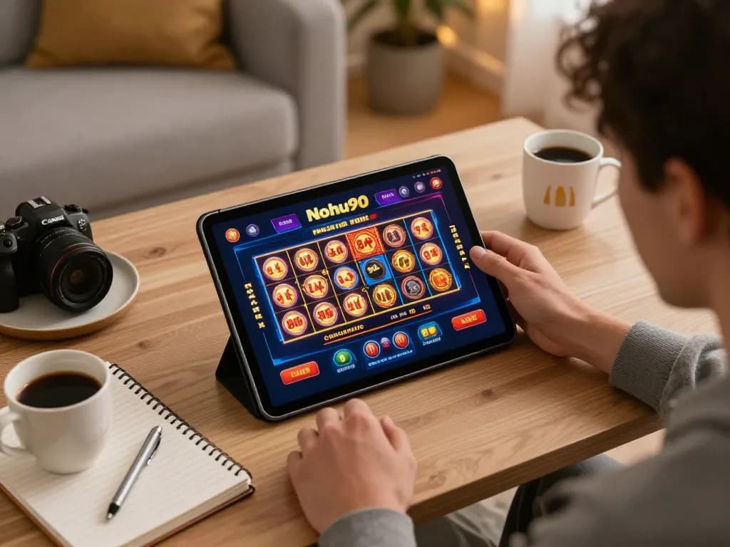 A player engaging with the Nohu90 platform on a tablet, showcasing strategic online gaming in a cozy setting.