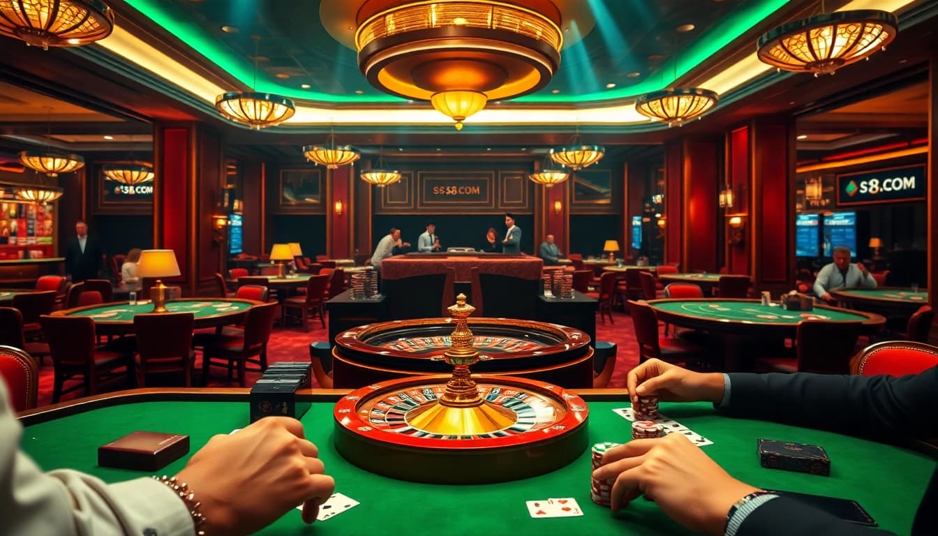 Experience thrilling games at S8 .COM with poker chips and cards on a vibrant casino table.