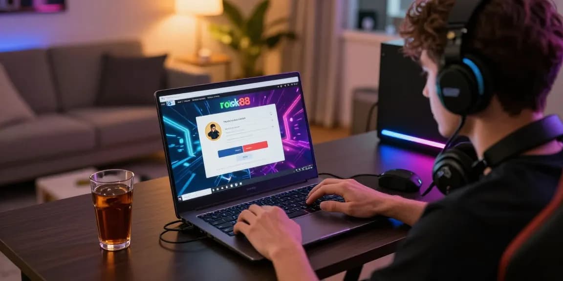 Player using rokok88 login on a laptop in a vibrant gaming environment.