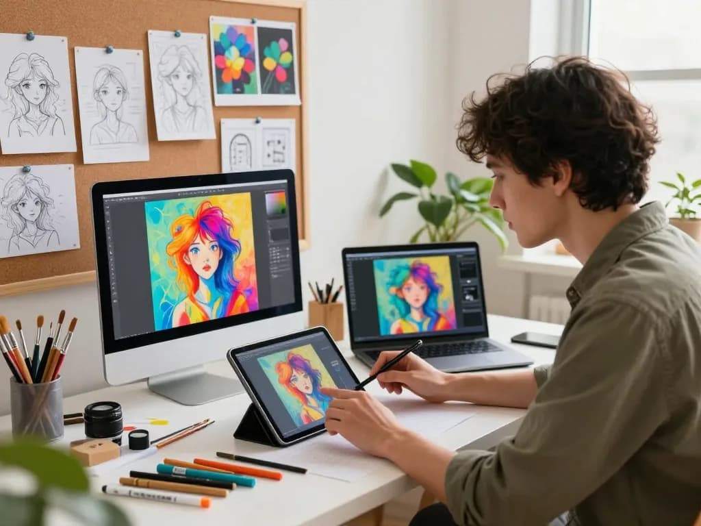 Digital artist utilizing the image prompt tool in a vibrant workspace filled with AI art inspirations.