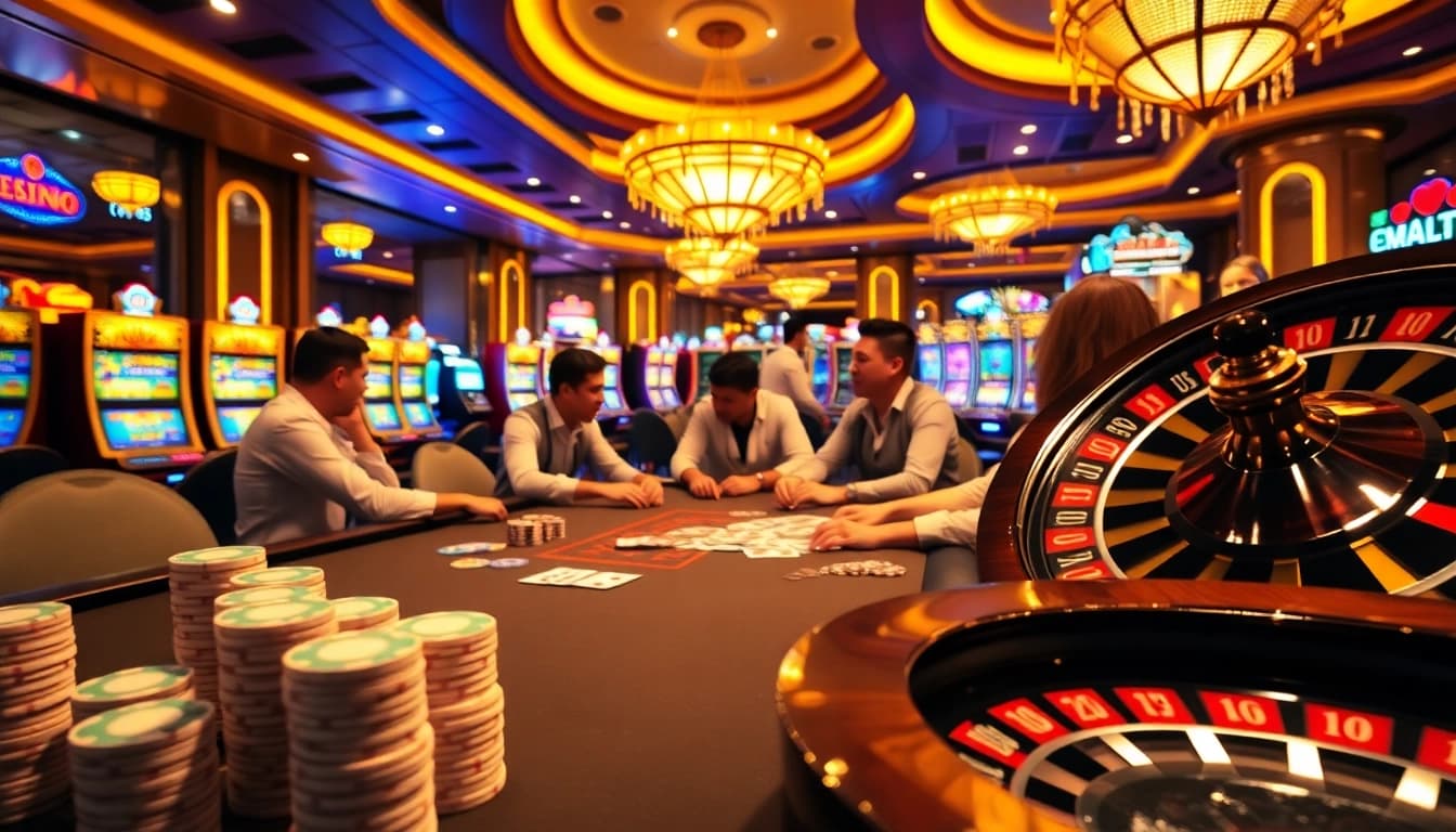 Engaging players at LC 88 poker table amidst vibrant casino ambiance.