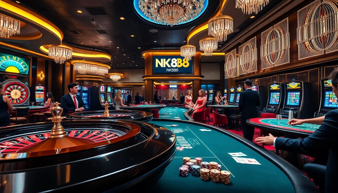 Players engaging with vibrant slot machines and roulette wheels in an NK88-themed luxurious casino scene.