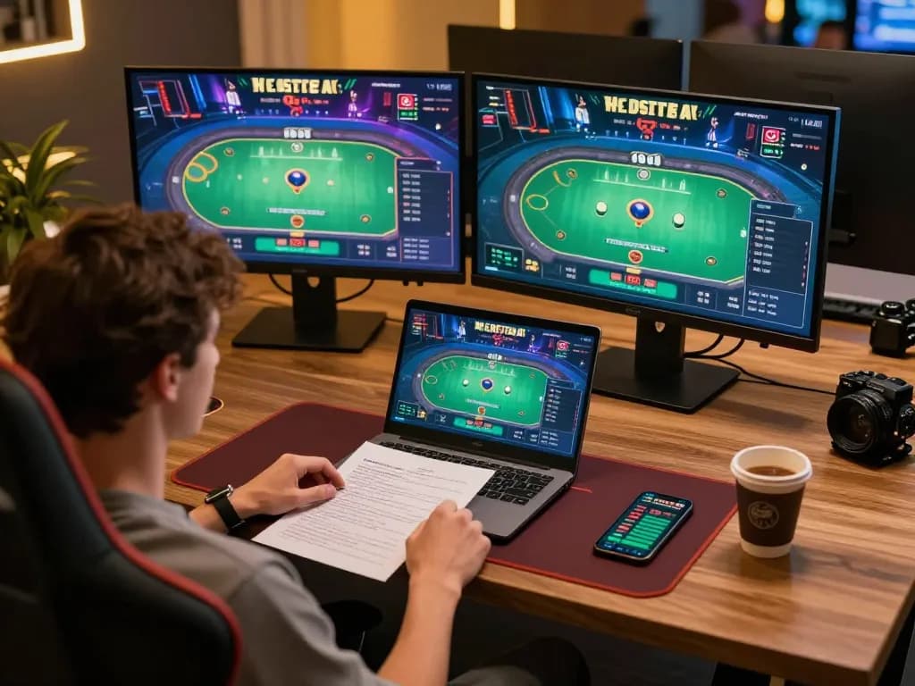 Engaging gameplay at nhà cái au88 with multiple screens showing poker strategies and betting options.