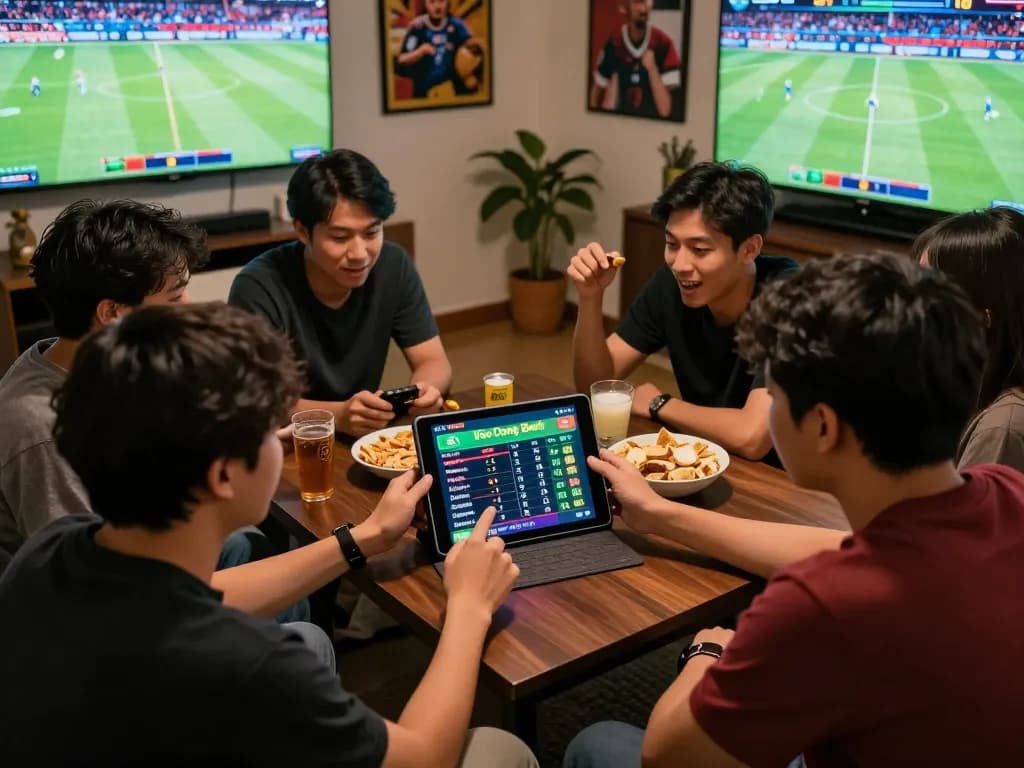 Kèo Đồng Banh betting excitement among friends analyzing live sports odds.