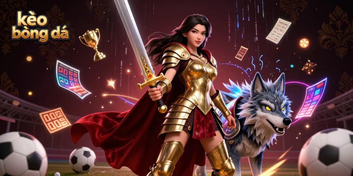 Engage with kèo bóng đá through dynamic sports betting graphics featuring a warrior queen and companion.