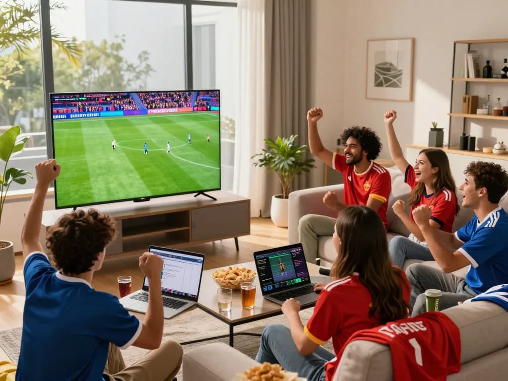 Cakhiatv streaming experience with friends in a cozy living room during a live football match.