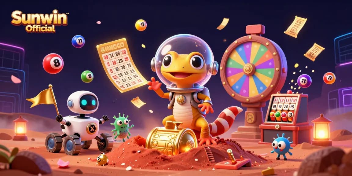 Experience Sunwin Official magic at a vibrant casino scene with animated lottery elements and alien characters.