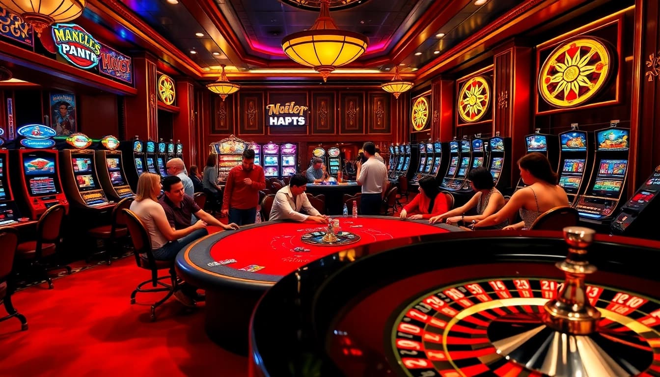 Engage in thrilling gameplay at https://nk88.diy/ with a vibrant casino scene featuring poker tables and high-stakes action.