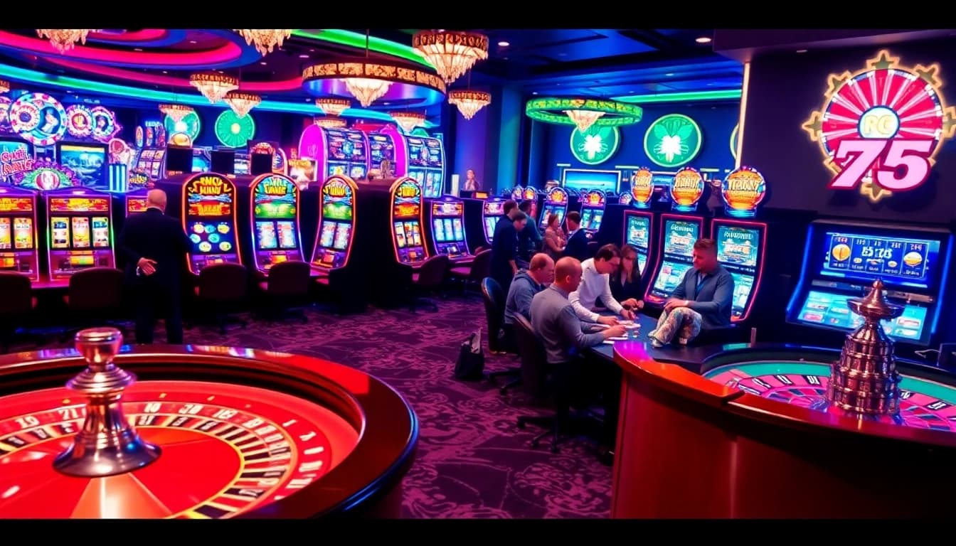 Experience thrilling gaming at NEO79 with vibrant slot machines and a lively poker table.