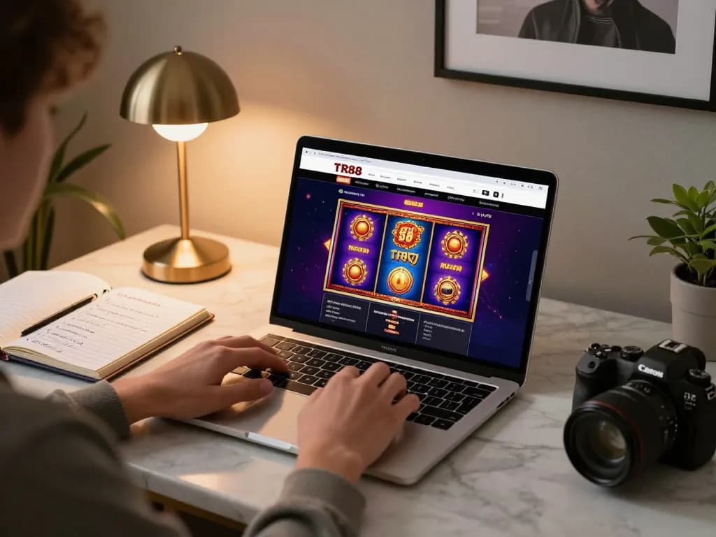 TR88 online player engaged in enthusiastic slot game session at home.