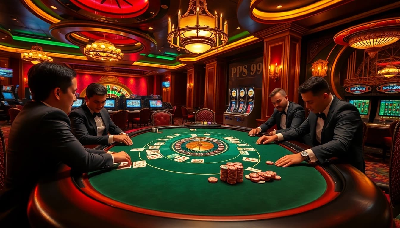 Exciting casino scene showcasing skilled gameplay at a poker table with PS 99 chips and cards.