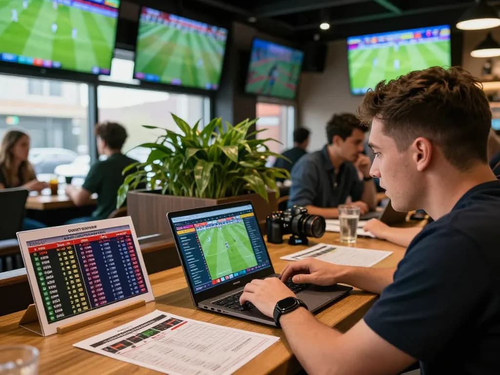 Cách đọc kèo bóng đá chuẩn in a modern sports bar where a football analyst studies betting odds on a laptop amidst lively patrons.