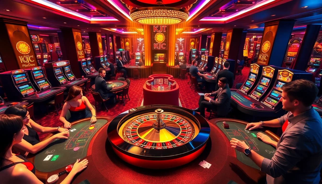 KJC players engaging in thrilling casino games at an upscale gaming floor with roulette and poker tables.