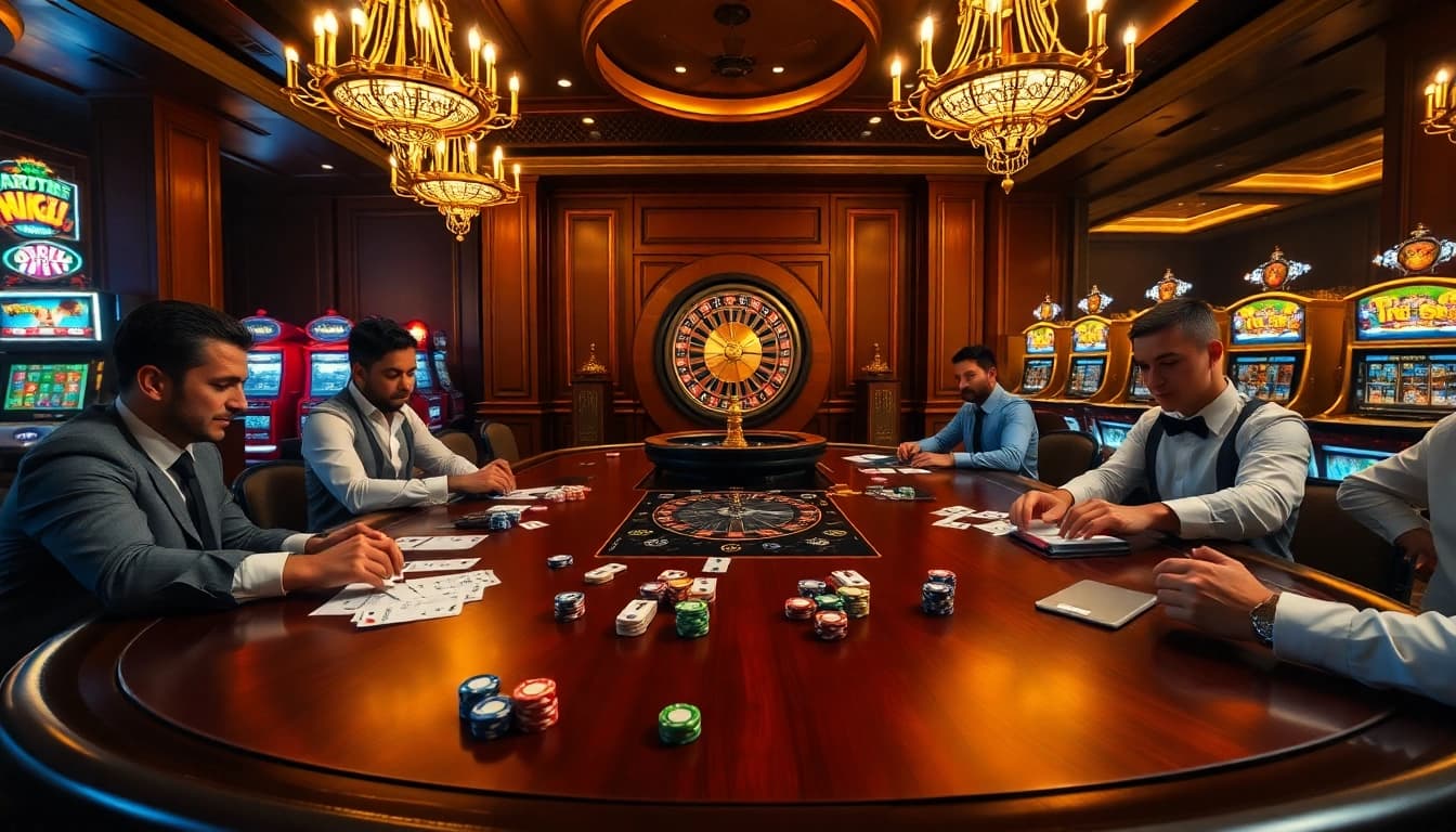 Engaging poker players featuring OK8386 amidst vibrant casino elements.