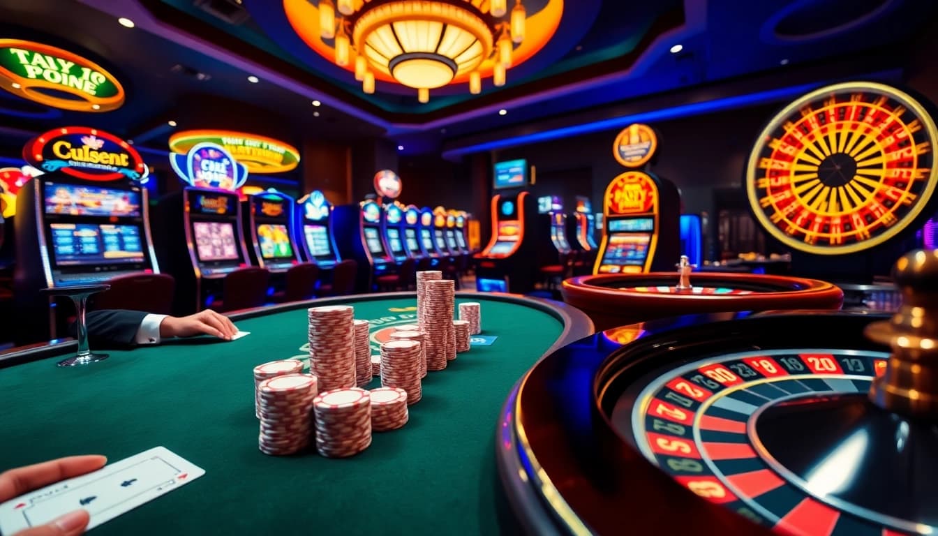 A lively casino scene at KJC AC 3 with poker chips, cards, and slot machines.