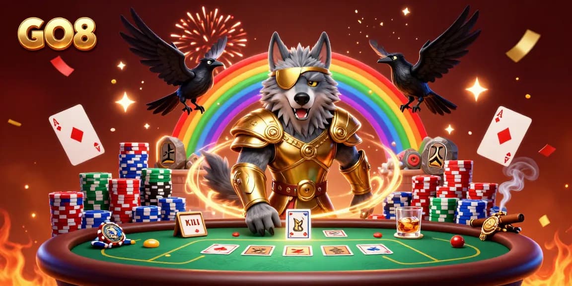 Engage with the exciting GO8 casino universe featuring Odin and his ravens amidst vibrant chip and poker elements.